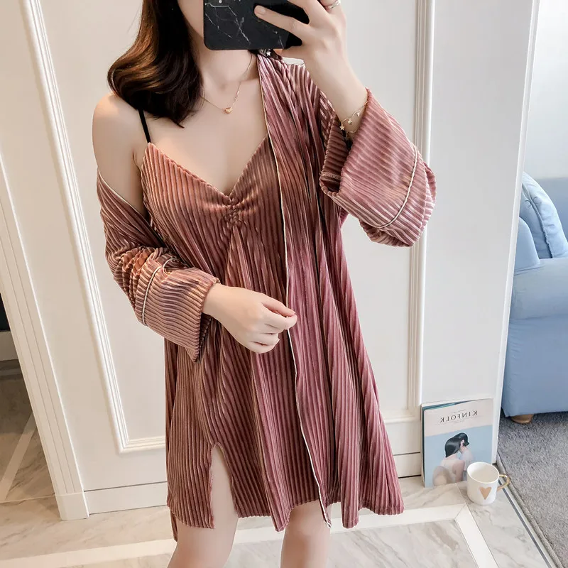 

New Solid Female Autumn 2 Pcs Robe Set Velvet V-Neck Sexy Robes Women High Quality Long Sleeve Winter Kimono Bathrobe Gown M-XL
