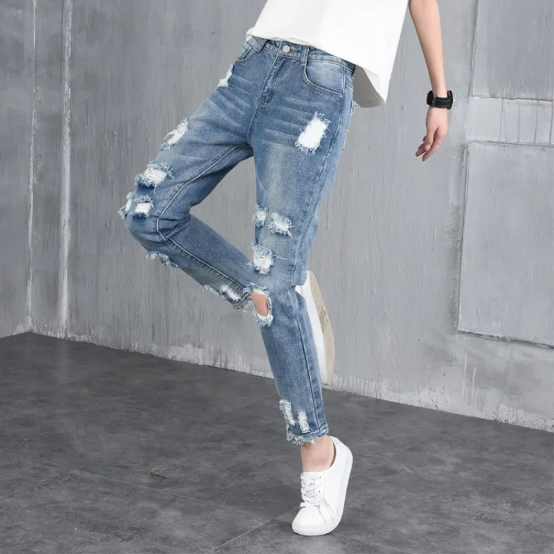 

Jeans Pants Women 2017 Spring Ankle-Length Pants Mid Waist Button Fly Washed Ripped Pencil Korean Style Large Size Jeans Hole225