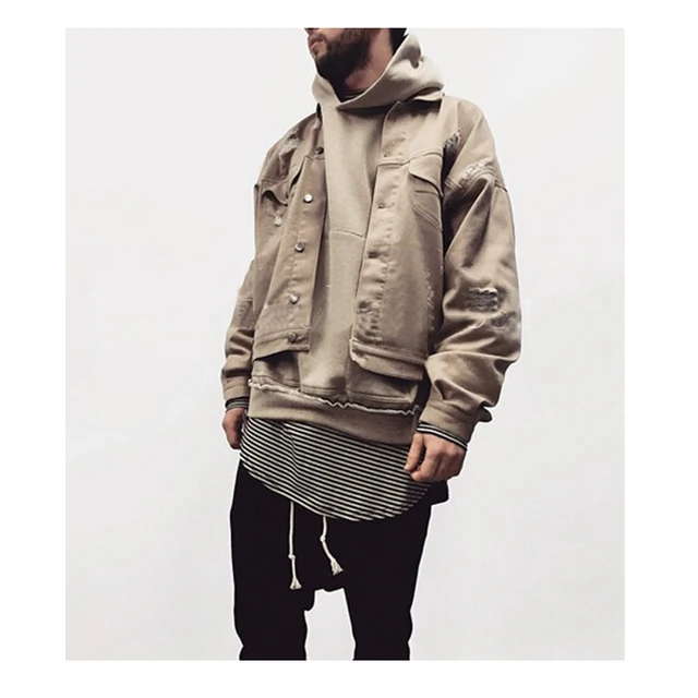 new fashion khaki denim ripped jeans jacket men hip hop swag street