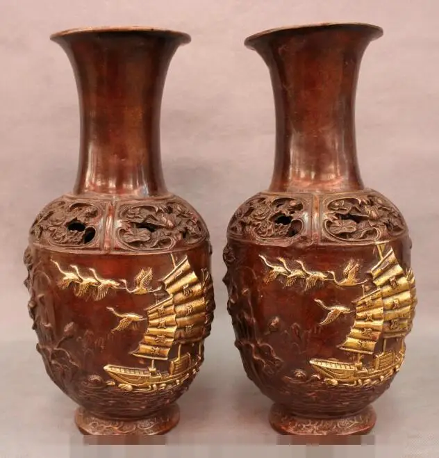 

S5197 13" Folk Chinese Bronze Gilt Crane Fish Lotus Boat Statue Flower Vase Pot Pair