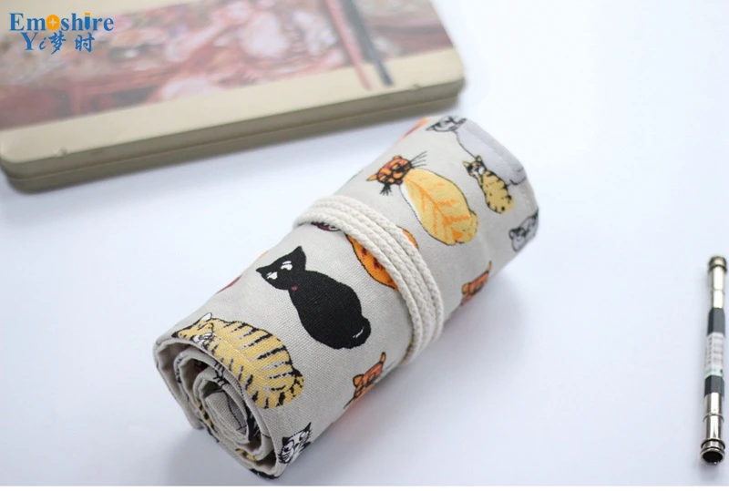 Emoshire Cotton canvas creative cloth curtains back cat color lead pencils large capacity pencil pencil pens (6)