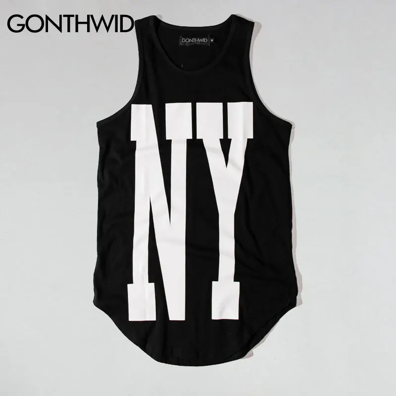 

GONTHWID New York NY Extended Tank Tops Mens Urban Oversized Vest Sleeveless T-Shirt 2017 Summer Casual Curved Hem Long Vest