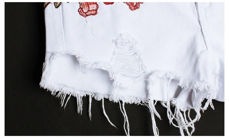 Летняя белая роза рваные Вышивка Джинсовые шорты с Высокая Талия рваные модные, пикантные Для женщин Джинсовые шорты с отверстиями