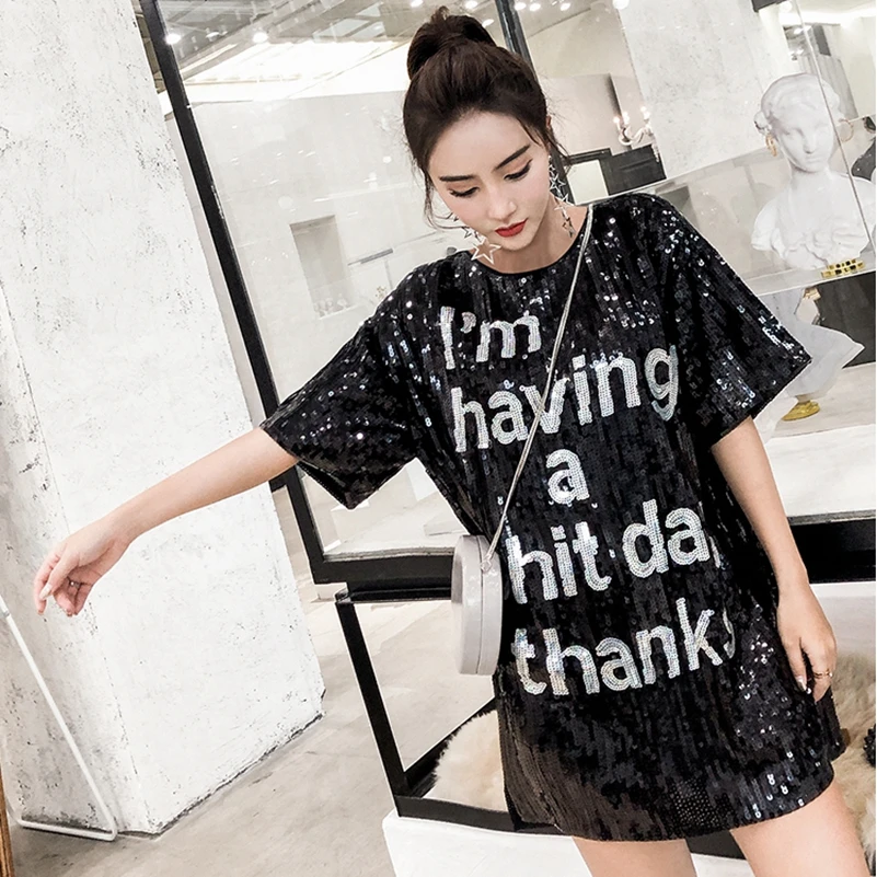 

2021 Fashion The New Loose Heavy Work Sequin Letter T-shirt Free Shipping