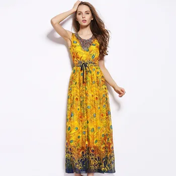 

100% Natural Silk Dress Women 2017 Summer Vintage Holiday Boho Beach Peacock Printed Sleeveless Long Dress