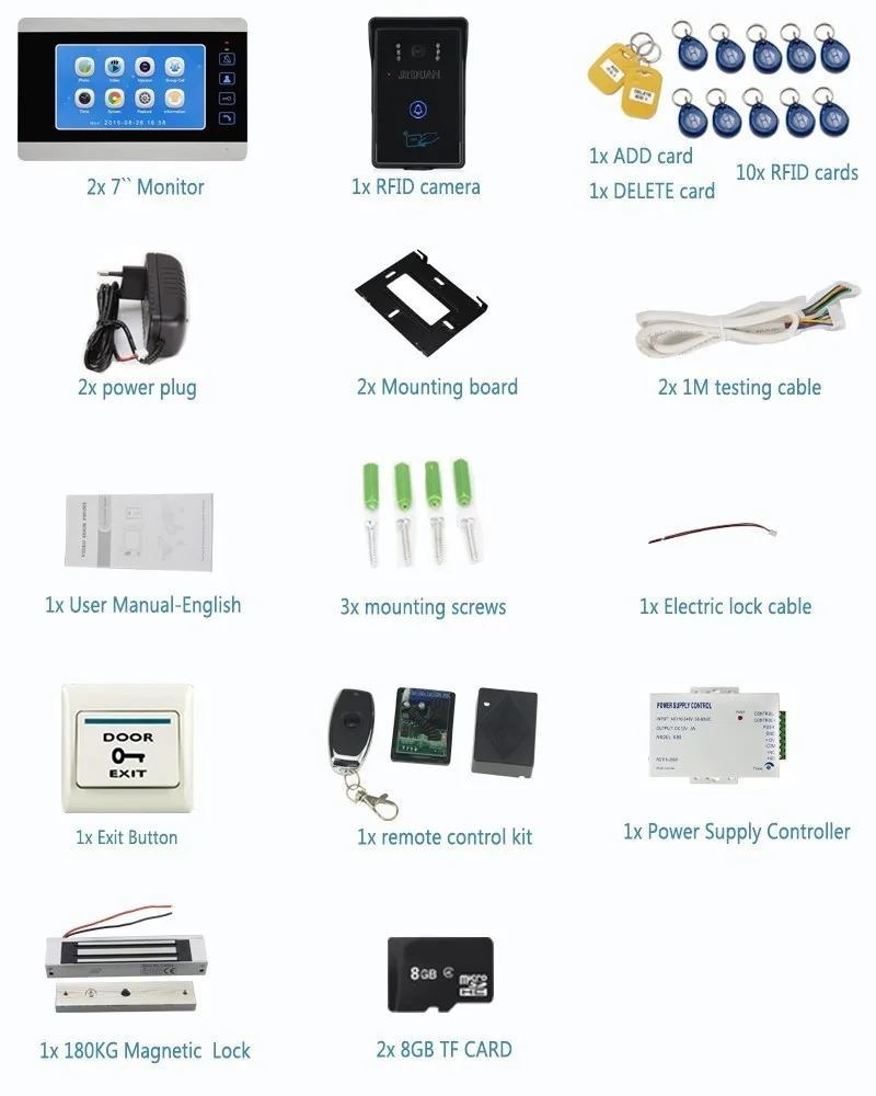 JERUAN 7 дюймов Видео Домофонные дверной звонок голос/видео Запись разблокировки внутренней Системы комплект с 2 мониторами