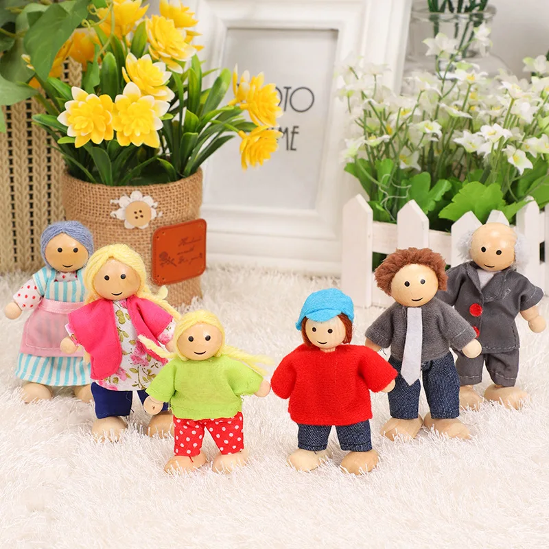 

Children Play House a Family of Six People Emulation Wooden Dolls Movable Joints Changing Shape Scene Dolls