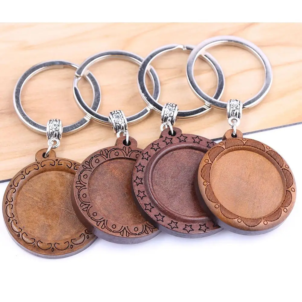 

reidgaller 3pcs wood keychain cabochon base settings 25mm dia round blank bezel trays for key chain custom making diy findings