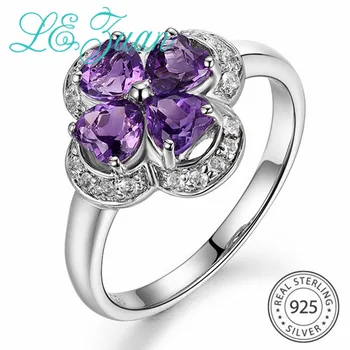 

L&zuan Four Clover Shape Natural 2.35ct Amethyst Ring for Woman 925 Sterling Silver Rings White CZ Purple Heart Stone Jewelry