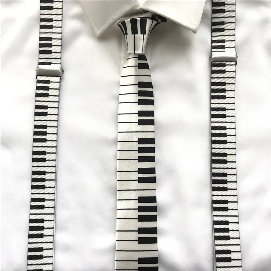 

Adult Children Unisex Suspender Set Office Casual Elastic Suspenders Music Piano Skull Y-Shape Clip-on Braces with Bow Ties