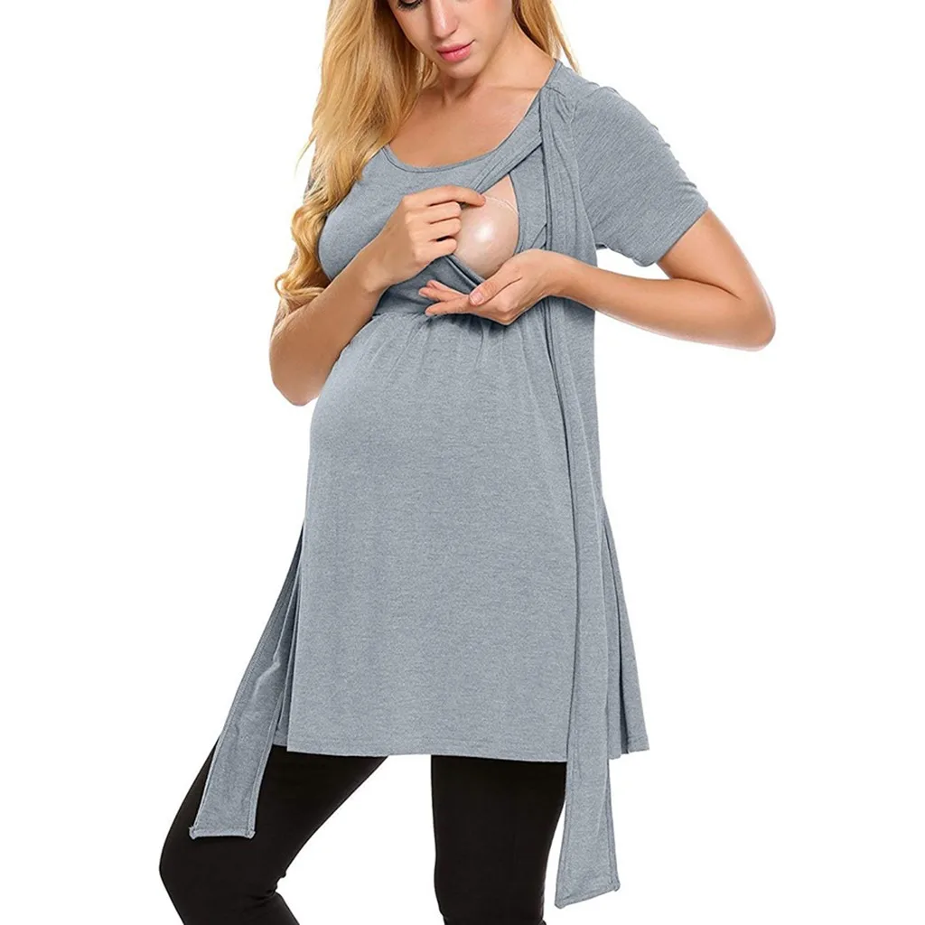 Women Maternity Pregnancy Blouse Nursing Sleepwear Tie Breastfeeding