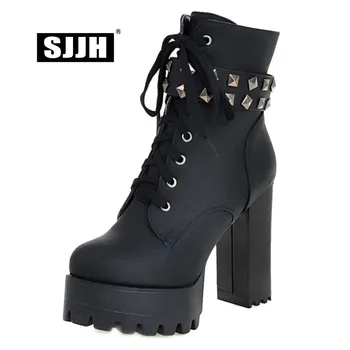 

SJJH Woman Fur Ankle Boots Round Toe 11.5cm Chunky Platform Zip Rivet Plush Motorcycle Boot Fashion Casual Shoes Large Size Q077