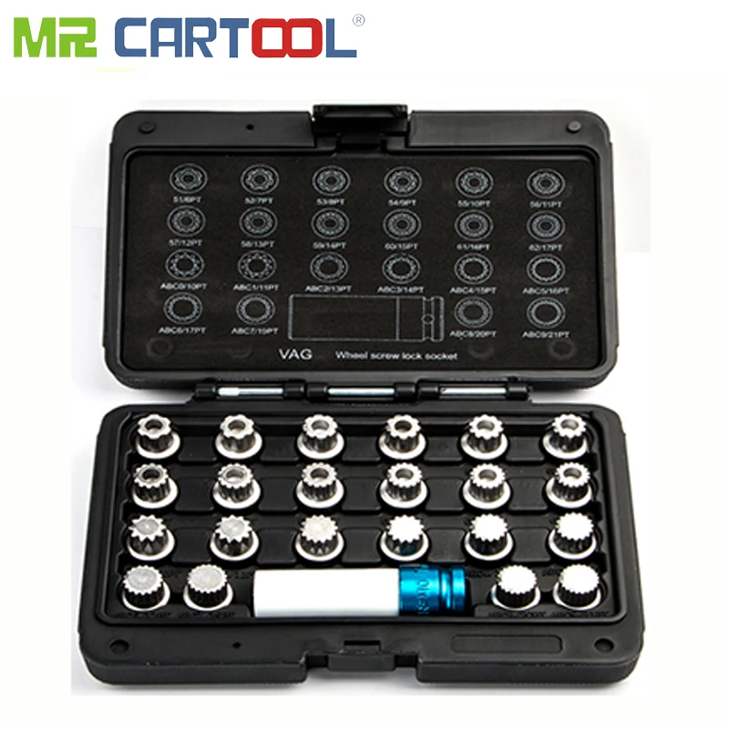 

MR CARTOOL 21pc Wheel Lock Lugnut Anti-theft Lug Nut Screw Removal Key Socket Set For BMW with 1/2" (12.7mm) Socket Adapter