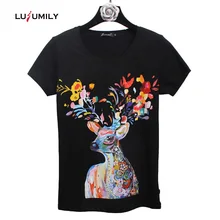 Lusumily, женская футболка, лето, kawaii, олененок, футболка, черный, белый, повседневные футболки размера плюс Xxxxl, женские топы, футболки с принтом