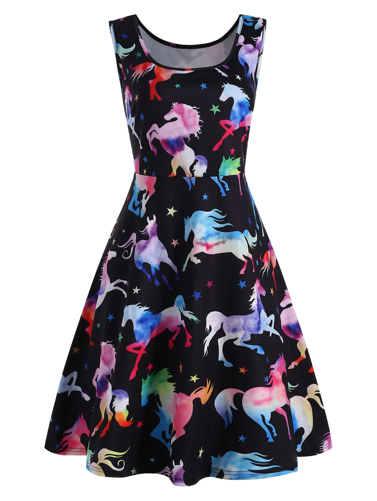 

Sovalro Plus Size Ombre Color Horse Print Women Dress O Neck Sleeveless High Waist A Line Dress Cartoon Design Women Dresses