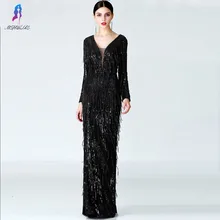 Черное вечернее платье с длинным рукавом, v-образным вырезом, бисером, блестками, русалка формальное платье, MSHBLUE