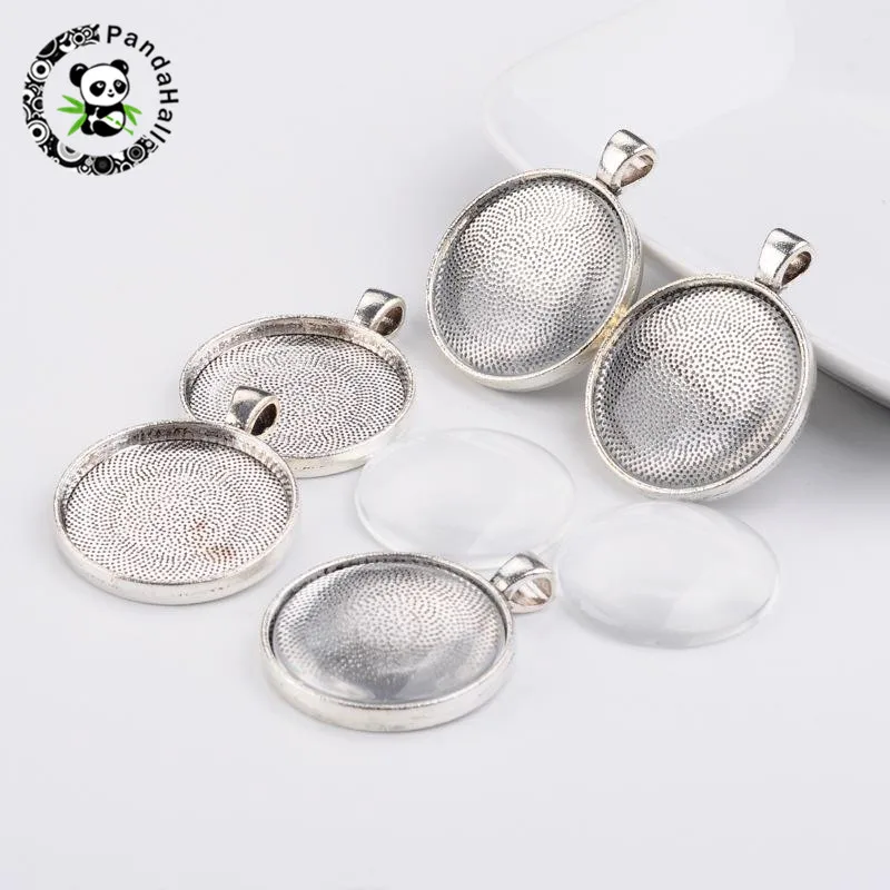 

DIY Necklace Pendant Making, Alloy Pendant Cabochon Settings and Clear Circle Domed Glass Cabochon Cover, Nickel Free, Antique