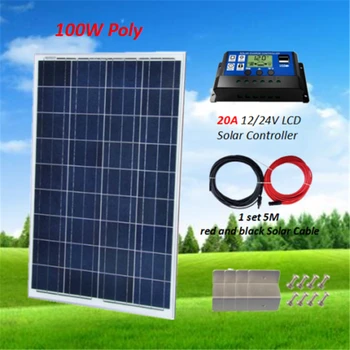 

100W 18V Polycrystalline Solar Panel Kit for 12v Battery off Grid System W / PWM 20A LCD Solar Controller 5M Cable Z brackets