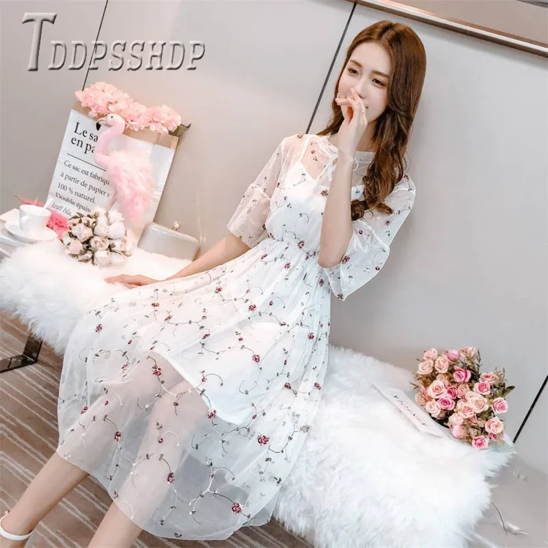

2019 Summer Sweet Flower Print Women Dress Pleated Female Dresses