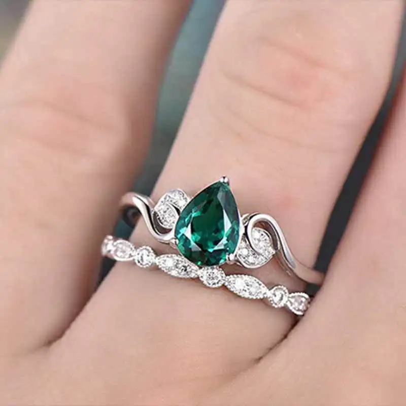 

Luxury Female Crystal Green Stone Ring Set 925 Silver Zircon Stone Wedding Rings For Women Fashion Bridal Engagement Ring