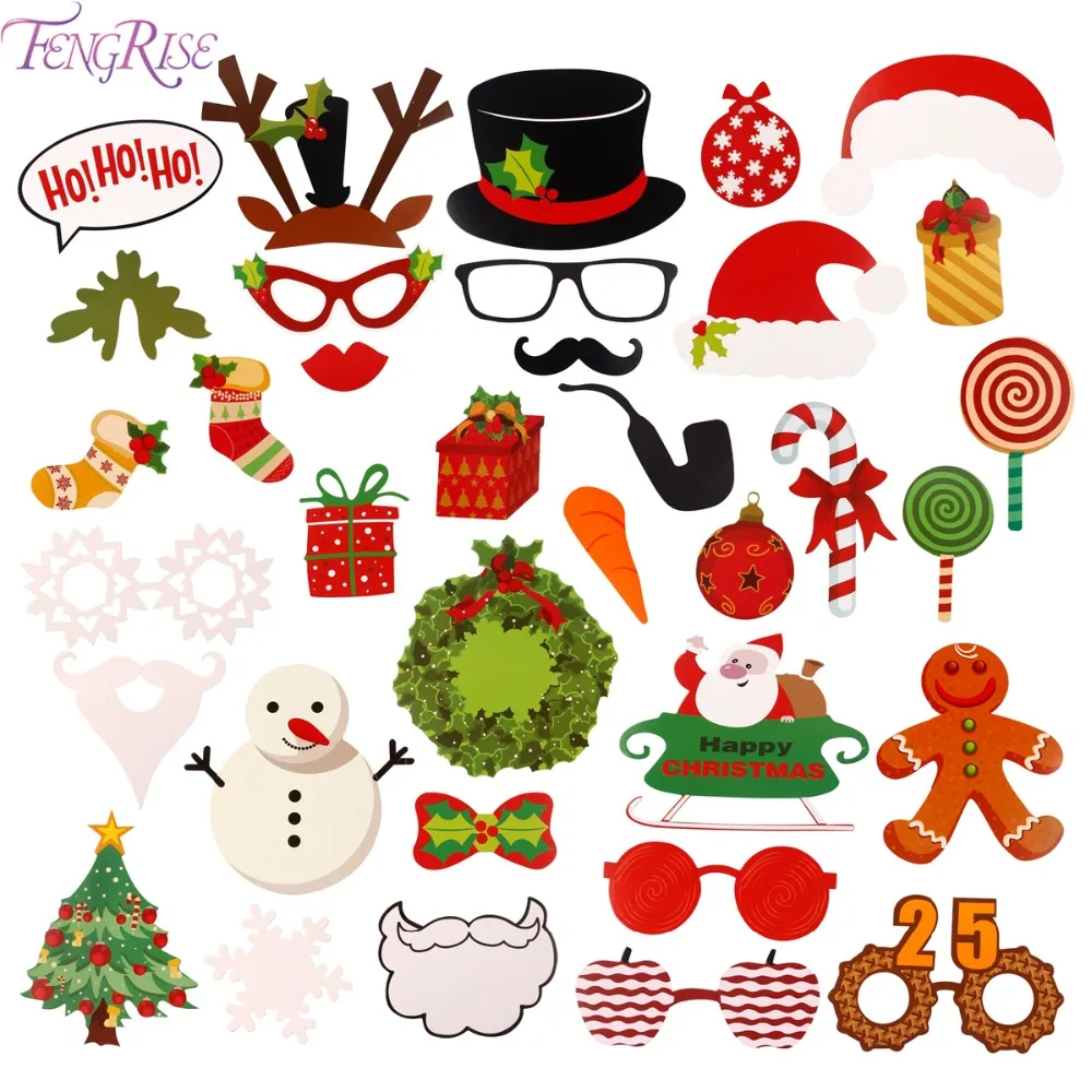 

FENGRISE Photo Booth Props Christmas Decorations Funny Mask Merry Christmas Photobooth Happy New Year 2018 Party Supplies