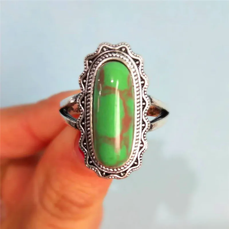 JUNXIN Boho Green Stone Big Rectangle Rings For Women Men Antique Silver Metal Female Male Cocktail Ring Vintage Indian Jewelry