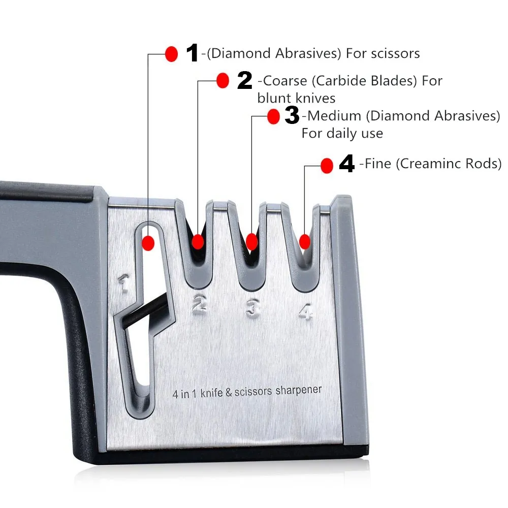 4 в 1 рифленая нержавеющая сталь точилка для кухонных ножей с покрытием и тонкий керамический стержень нож ножницы и ножницы система заточки