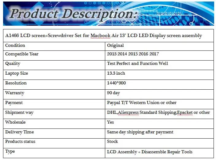 A1466 ЖК-дисплей экран+ Набор отверток для Macbook Air 1" ЖК-дисплей светодиодный Дисплей экран в сборе LP133WP1 TJA1/TJA3 2013- год