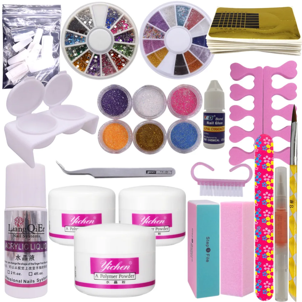 Full Nail Art Set Acrylic Glitter Powder Liquid Tip Brush Glue Dust Kit
