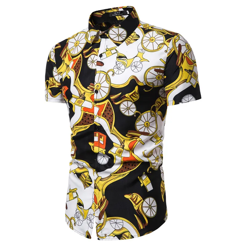 

Casual Shirts Print Top With V Neckline Slim Fit Men's Shirts Summer Short Sleeve Shirt For Men Fashion Men Shirt D30