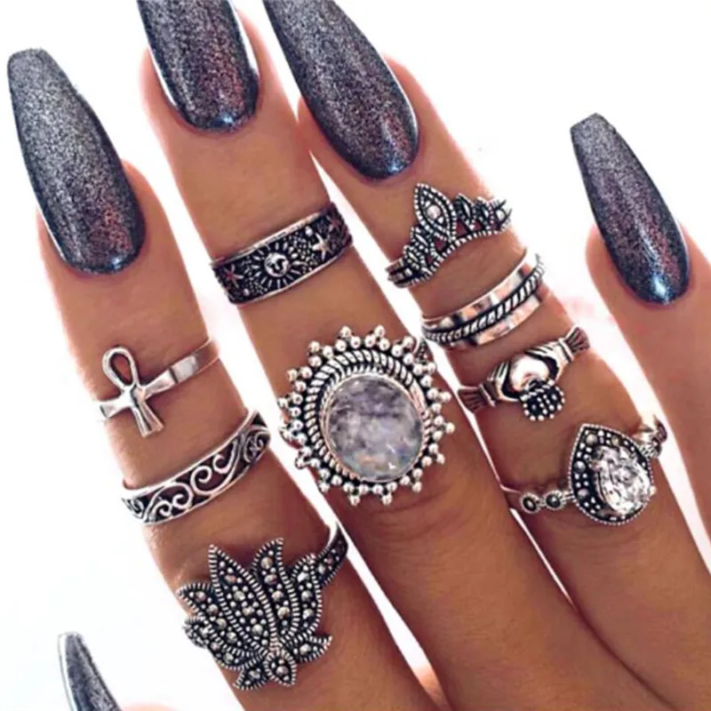 

9 Styles Boho Knuckle Rings for Women Bohemian Water drop Flower Punk Midi Finger Ring Set Indian Jewelry Anillos Mujer