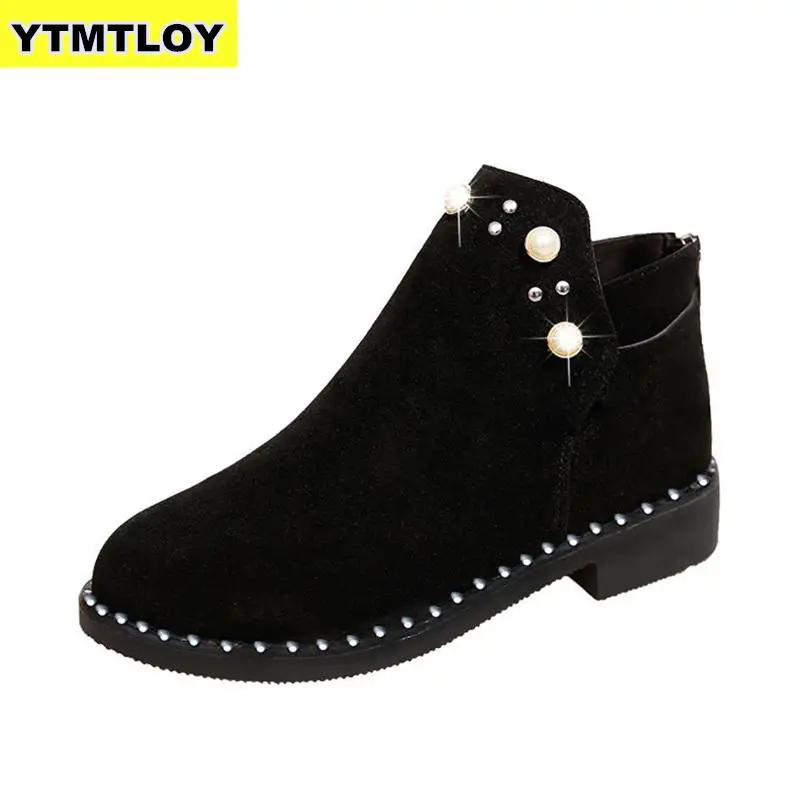 

2019 Perforated Winter Women Boots Pointed Toe Ankle Booties Block Heel Buckle Strap Autumn Shoes Woman Botas Mujer Black