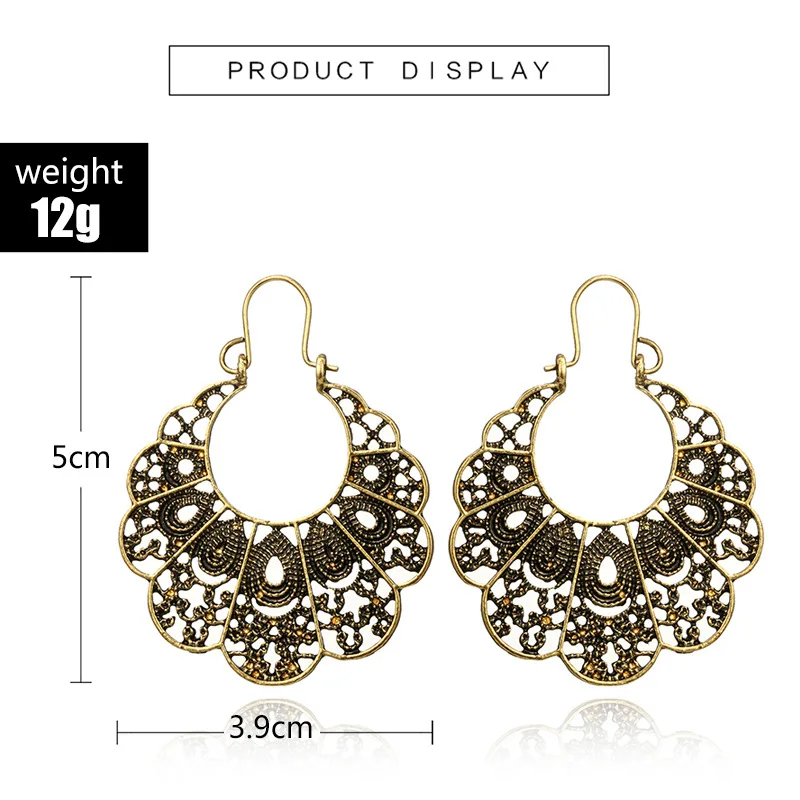 1Pair Vintage Hollow Water Drop Big Hoop Earrings Tribal Bronze Spider Web C Shape Carved Pattern Earrings Women Jewelry E309