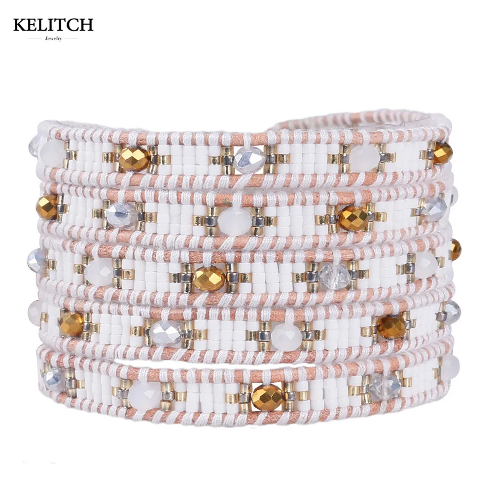

KELITCH Bohemia Multilayers Crystal Leather 5 Wrap Bracelets Handmade Seed Beaded Strand Bracelets Adjustable Bracelets