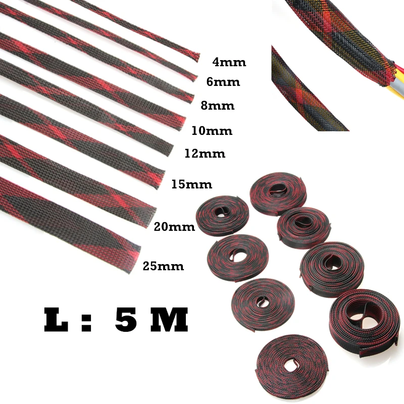 

5M 2/4/6/8/10/12/15/20/25mm Wire Gland Cables Protection Black + Red Insulation Braided Sleeve Tight PET Expandable Cable Sleeve