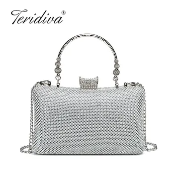 

Dazzling Silver AB Women Crystal Evening Bags Metal Hardcase Box Diamond Minaudiere Wedding Party Handbag Purse