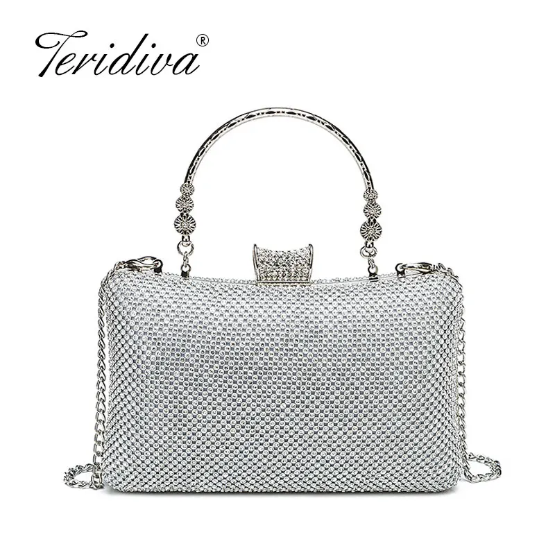 Dazzling Silver AB Women Crystal Evening Bags Metal Hardcase Box Diamond Minaudiere Wedding Party Handbag Purse