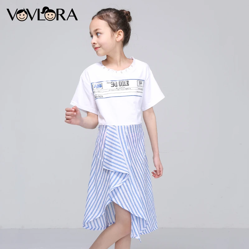 Short Sleeve Striped Sashes Girls Dress Print Letter A Line O-neck Kids Dresses Fashion Summer 2018 Size 9 10 11 12 13 14 Years high quality 2018 new women summer knee length fashion solid print full flare sleeve mid calf sashes o neck sexy pretty dress