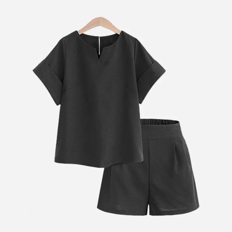 Однотонный комплект с коротким рукавом наборы из двух частей весна лето женские повседневные хлопковые топы шорты размера плюс женские офисные костюмы - Цвет: Black