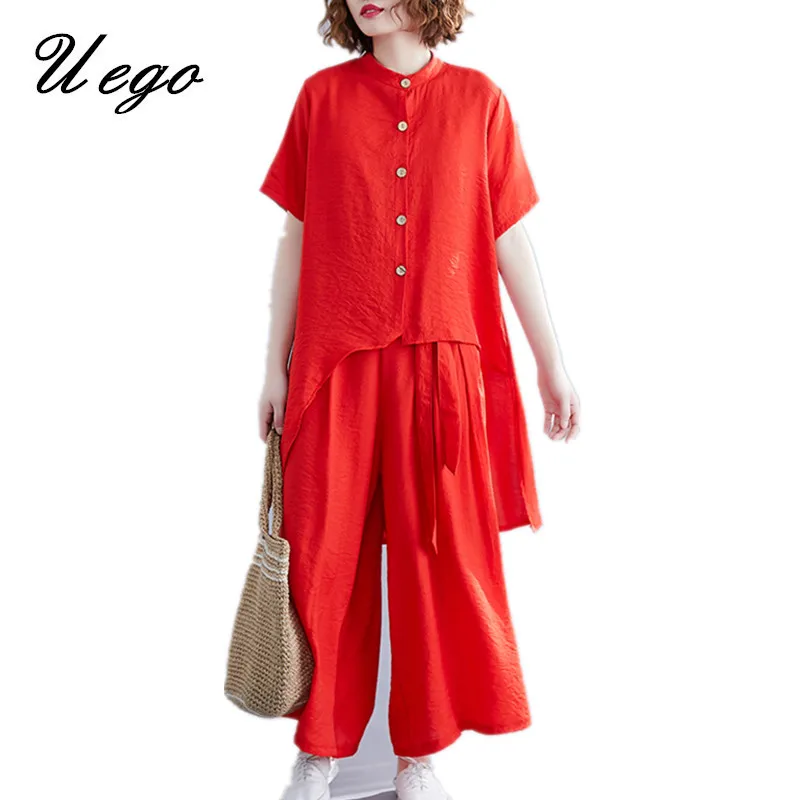 

Uego Loose Blouse Tops+Wide leg pants Two Piece Women Casual Sets Soft Cotton Linen Women's Set Fashion Lady Clothes Sets Suits