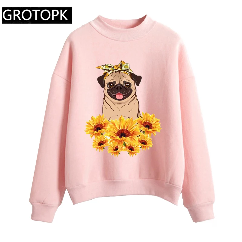  Dog Mom Pug Sunflower Women's Hoodeis Harajuku Fleece Long Sleeve Casual Pink&white Sweatshirt Prin