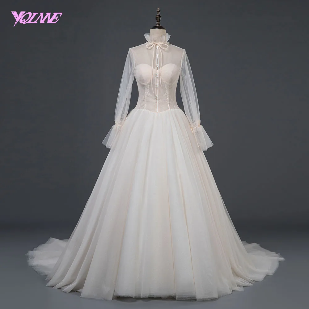 

YQLNNE 2018 European Champagne Wedding Dress with Jacket Sweetheart Beading Tulle Lace-up Bridal Gown