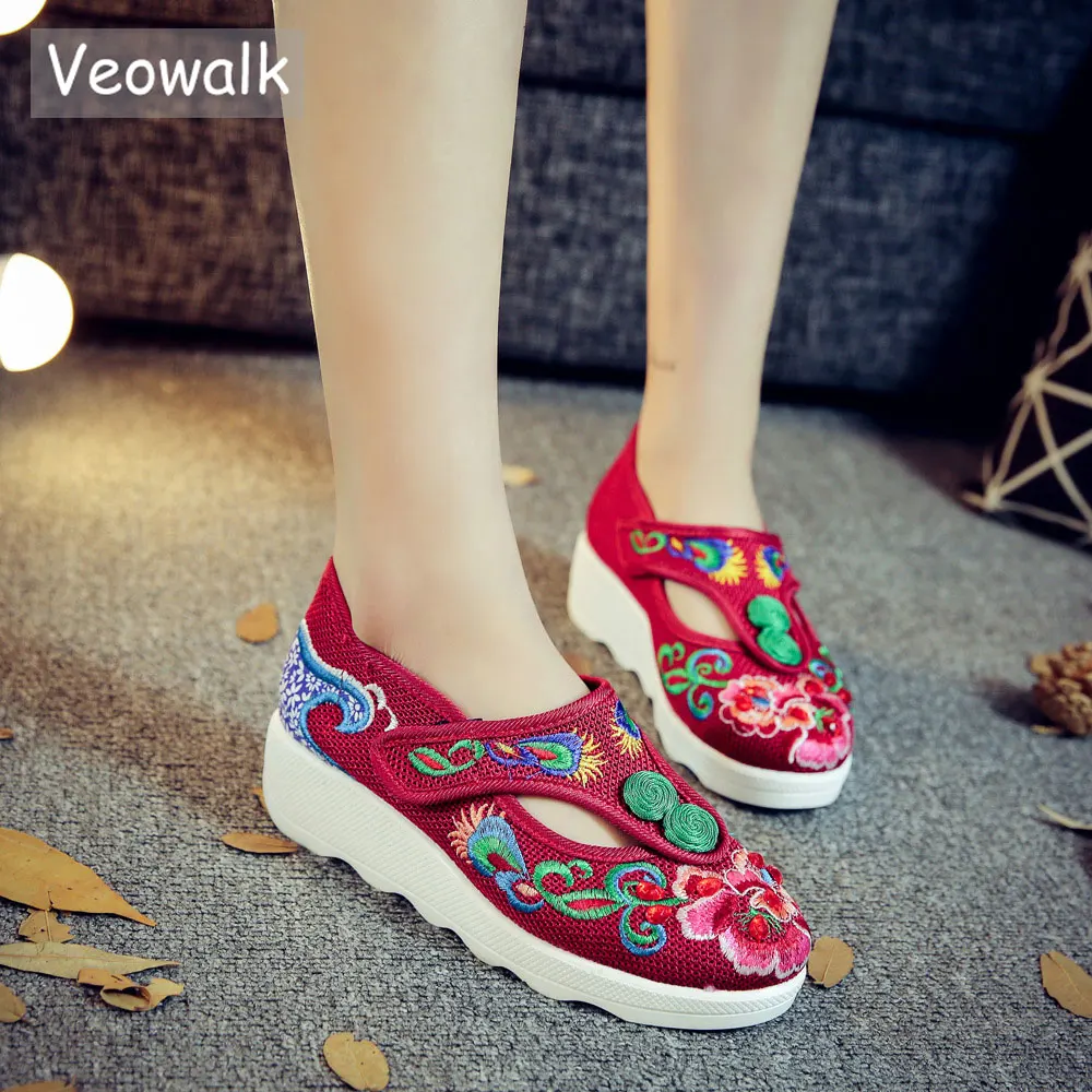 

Veowalk New Handmade T-Strap Women Linen Cotton Embroidered Platform Shoes Hidden Wedge Fashion Ladies Comfort Casual Pumps