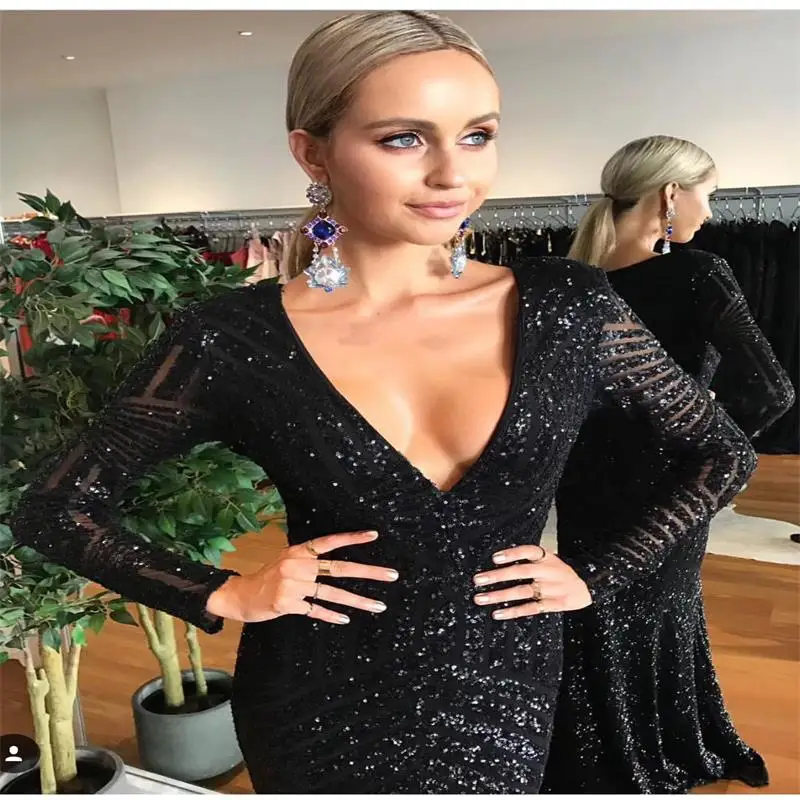 Europe and the United States spring and summer new black long sleeved V-neck sequins sparkling mesh mesh MAXI Dress+ suit