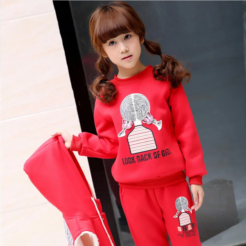 

3 pcs thick winter children's clothing set girls clothes suits pink red blue kids clothes sports sets hooded vest t shirts pants