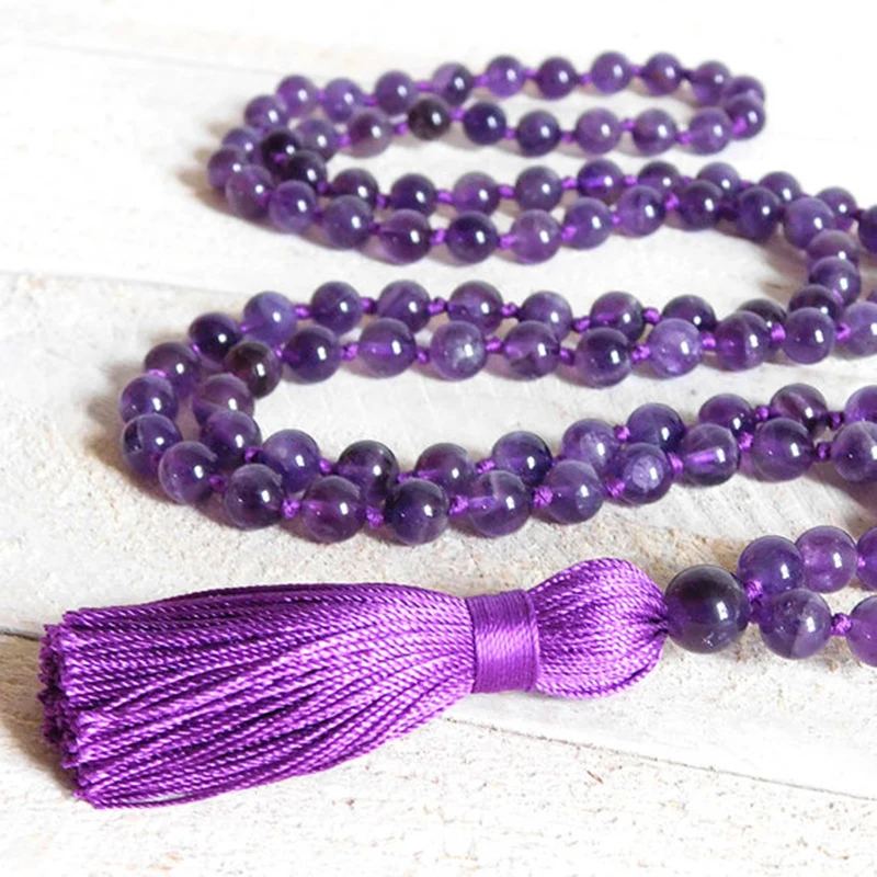

High Quality Natural Amethysts Knotted Mala Necklace Meditation Healing Necklace 108 Purple Q-uartz Knotted Tassel Jewelry Women