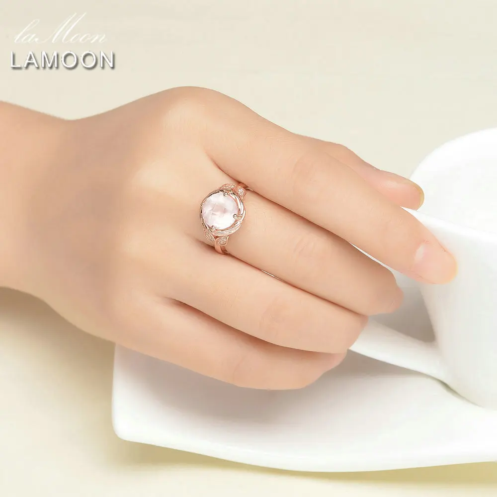 LAMOON 925 Sterling Silver Jewelry Wedding Bands Rings Flower 9mm Natural Round Pink Mosaic Rose Quartz Romantic Ring Anillos