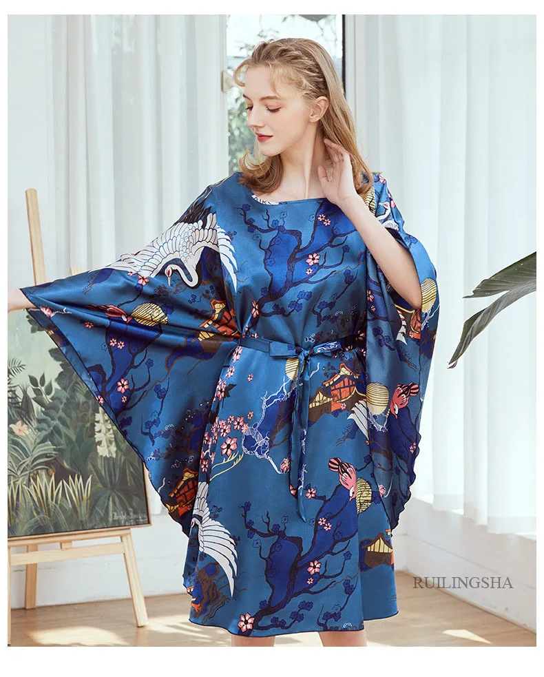 Women Long Sexy Silk Nightwear Satin Floral Sleepwear Bat Sleeve Knee Length Sleepshirts Wine Nightdress Night Wear Dress Gown