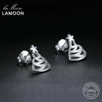 

LAMOON Unique Wiredrawing Christmas Tree Style 100% 925-Sterling-Silver Earrings Fine Jewelry For Women Girl Xmas Gift LMEY016