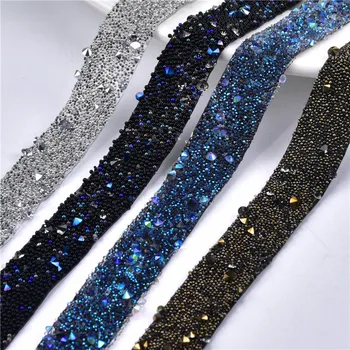 

factory outlet 1.5cm width blue rhinestone trim banding hotfix strass crystal chain bridal beaded applique for dres 2yards/lot